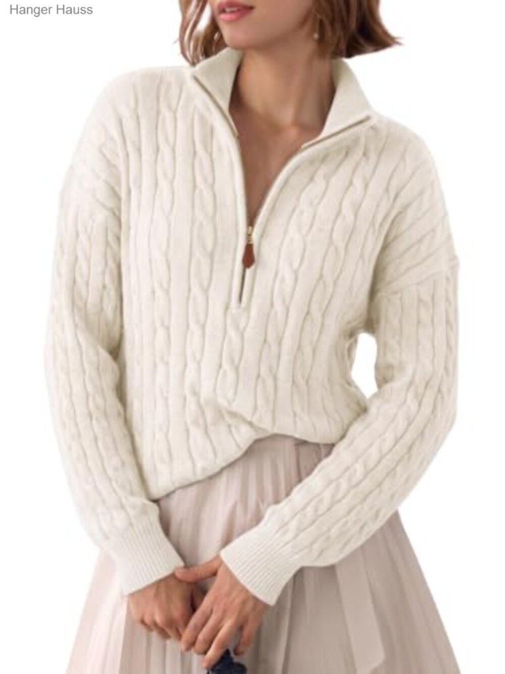 Womens Cable Knit Sweater Quarter Zip Ribbed Mock Neck Pullover V-Neck